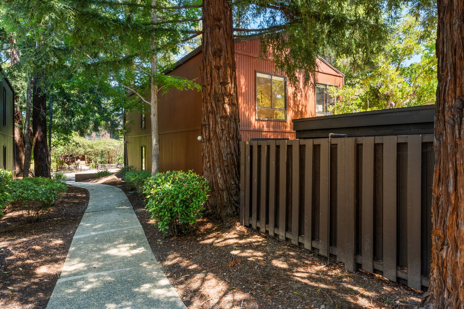 Landscaped community grounds along a redwood-lined path