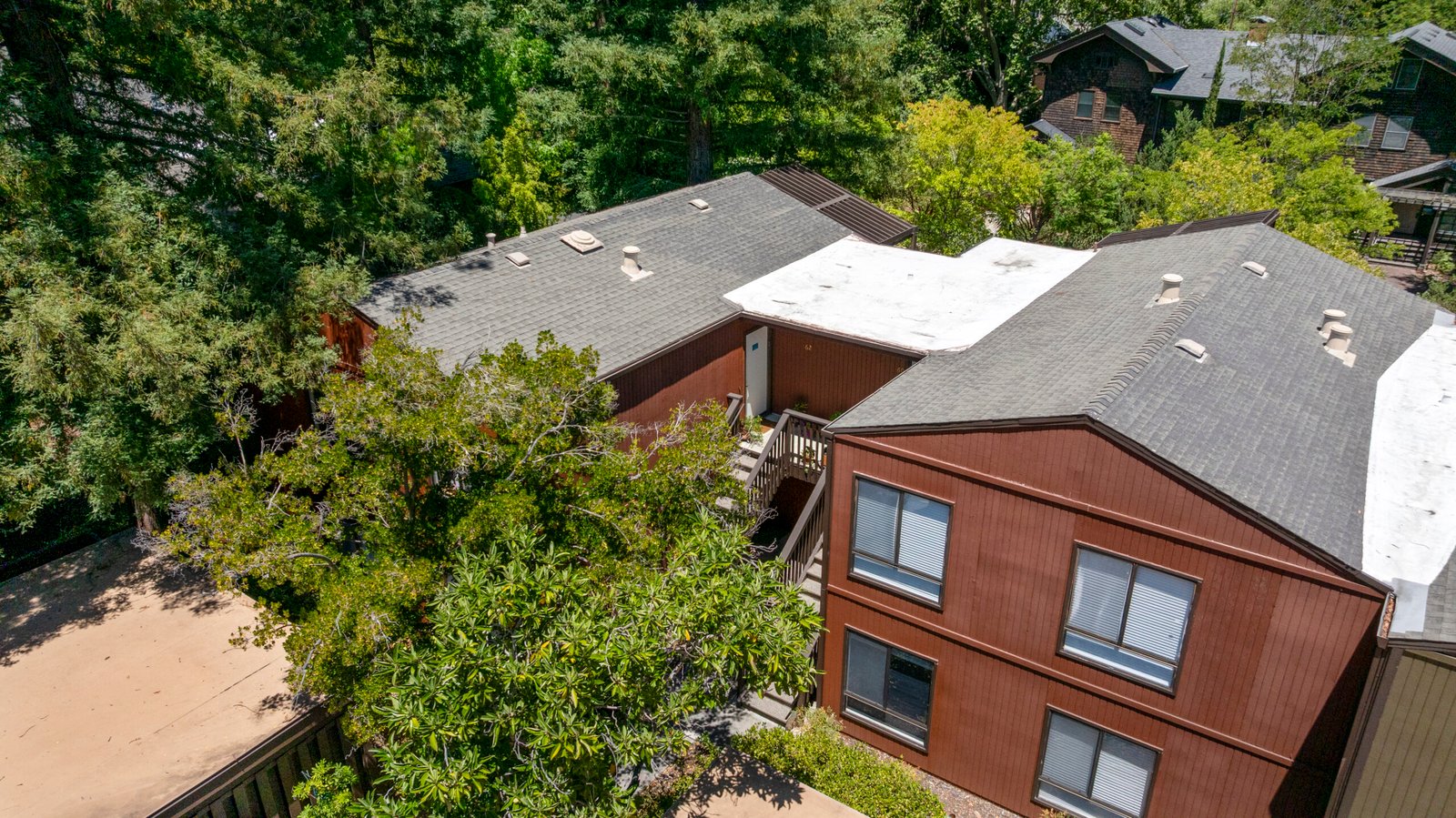 Aerial view of the residence framed by mature trees
